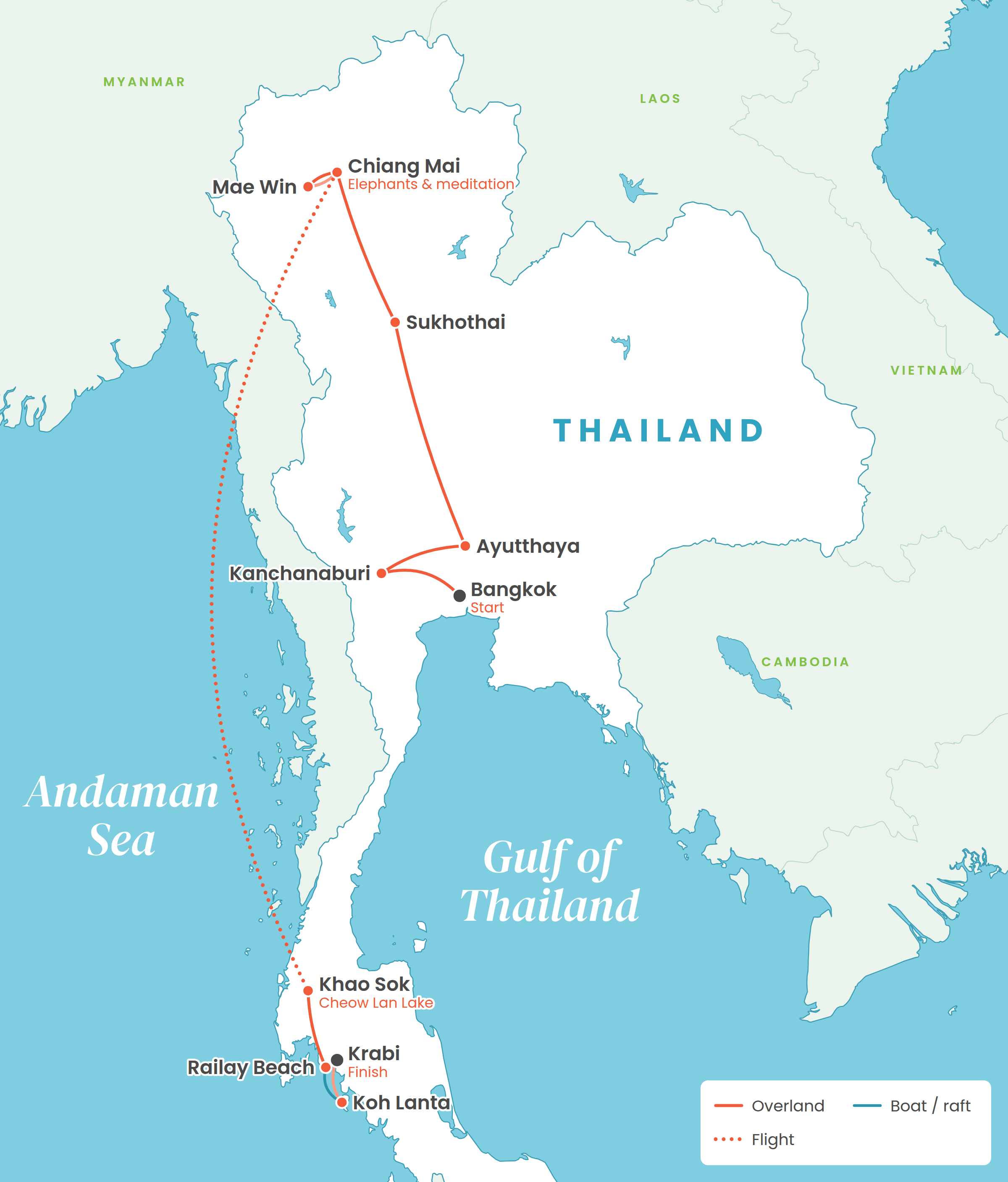 Route map from Bangkok north to Chiang Mai, then south to Khao Sok, Railay Beach, Koh Lanta and Krabi