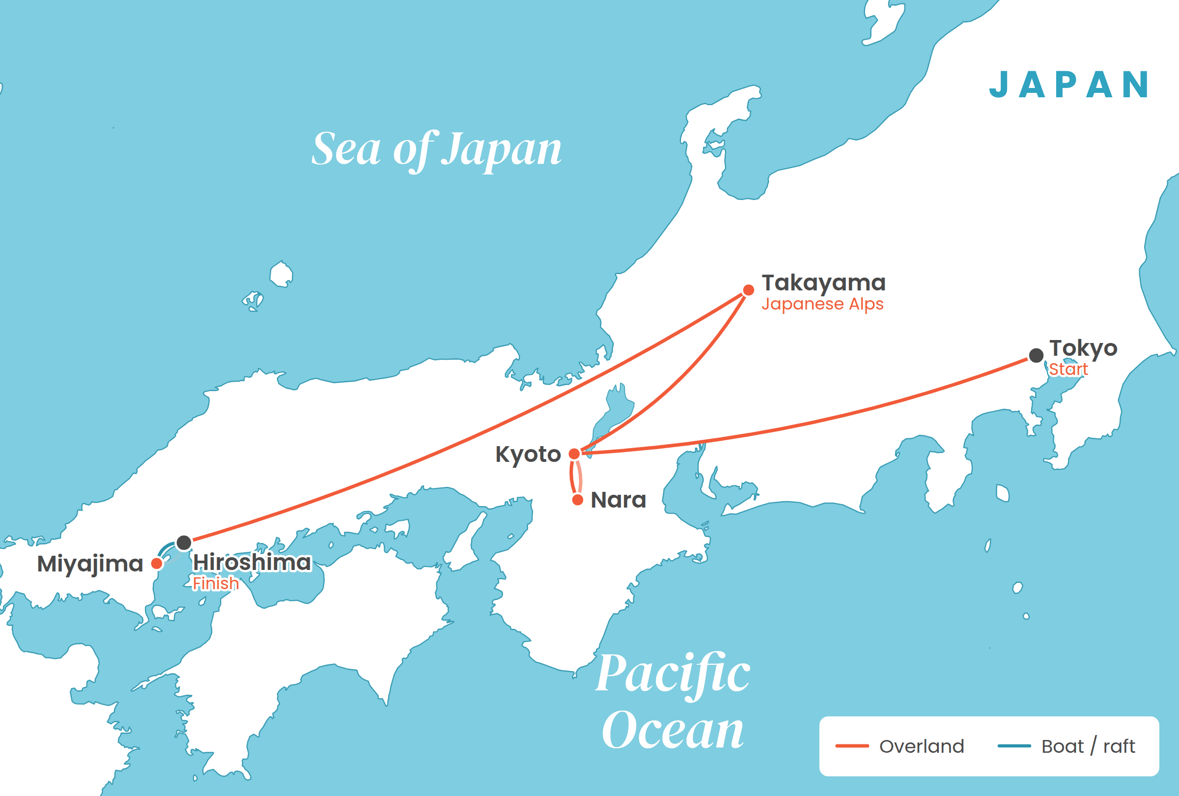 Route map from Tokyo through Kyoto, Nara and Takayama to Hiroshima