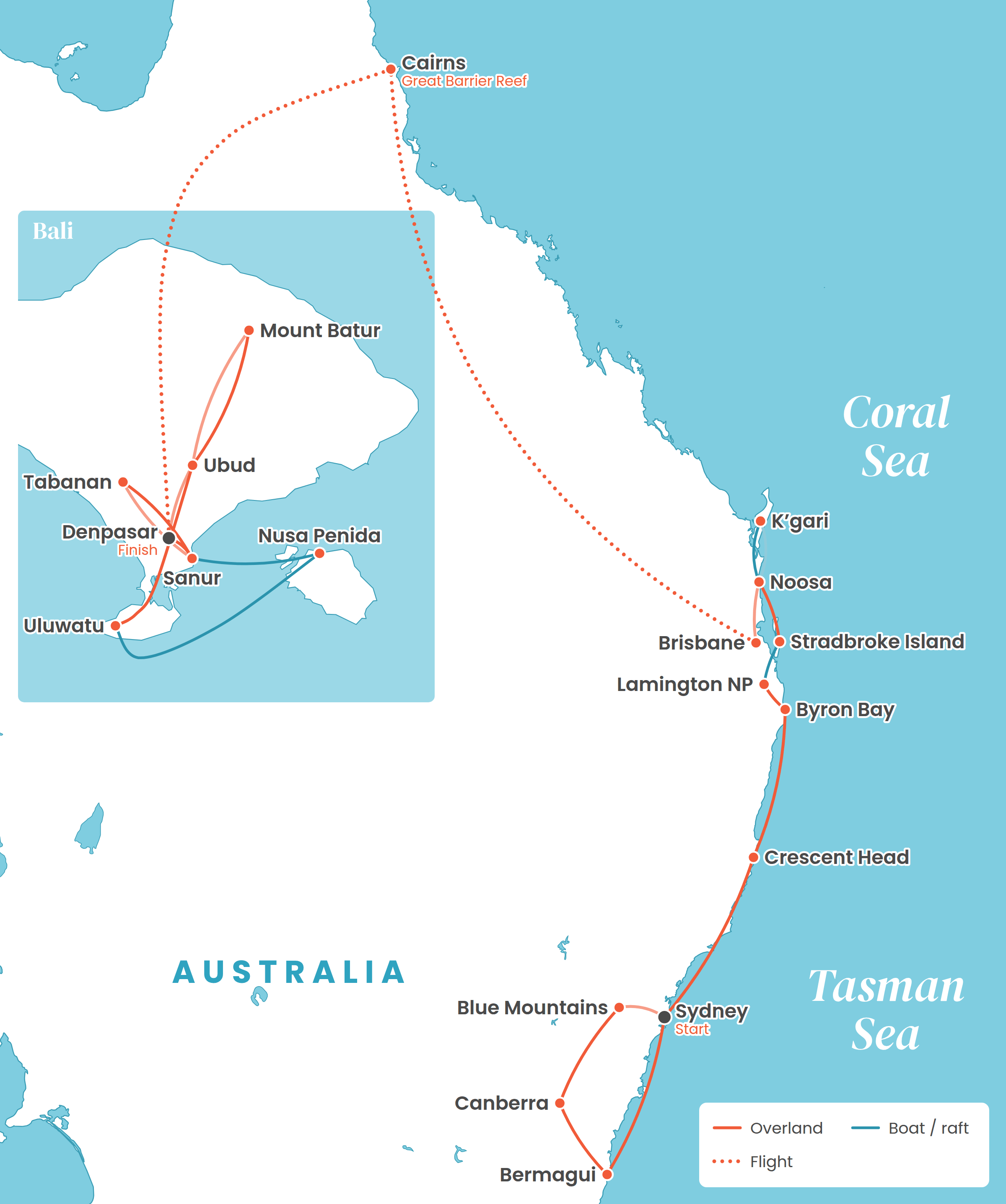 Route map from Sydney along Australia’s east coast to Cairns, then Bali