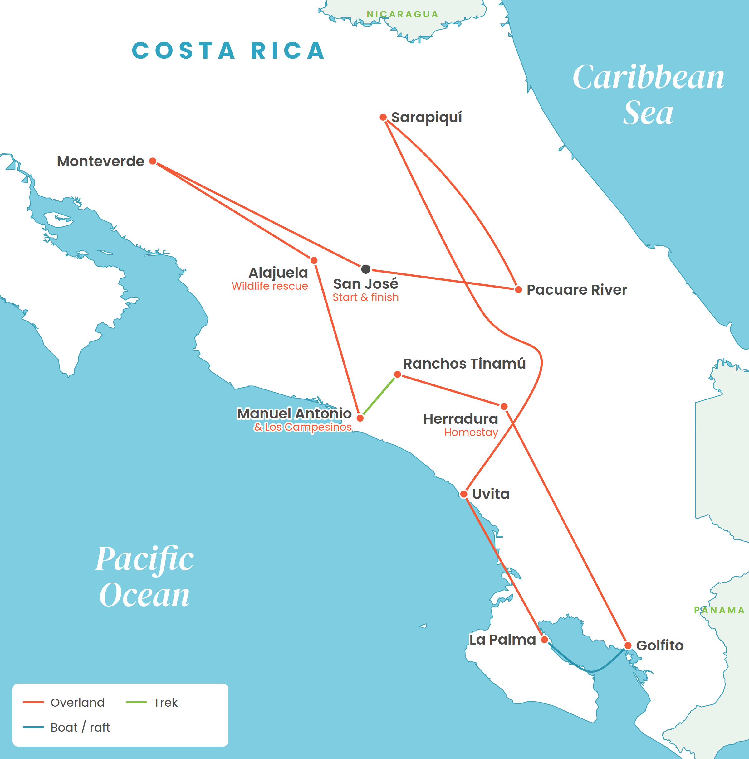 Route map from San José through Monteverde, the Pacific coast and the south of Costa Rica to the Pacuare River and back to San José