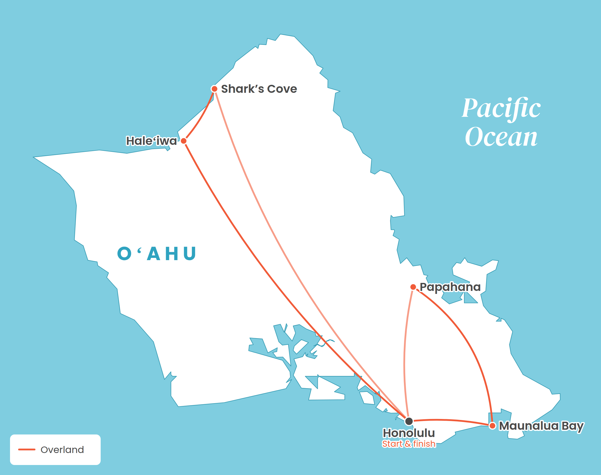 Route map from Honolulu to Haleʻiwa on Oʻahu’s North Shore and back