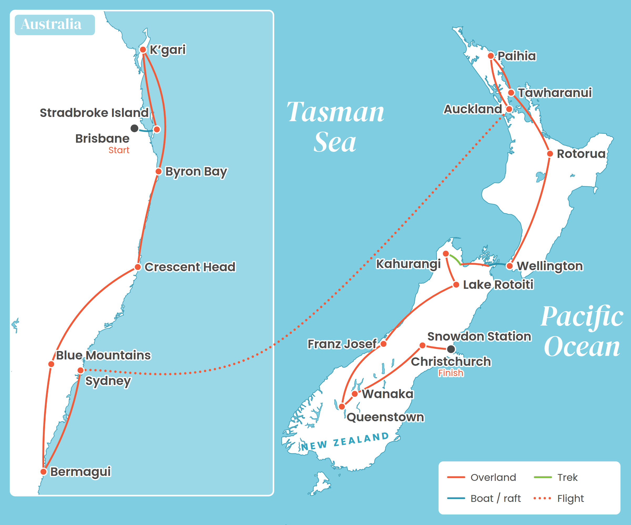 Route map from Brisbane down Australia’s east coast to Sydney, then from Auckland through New Zealand to Christchurch