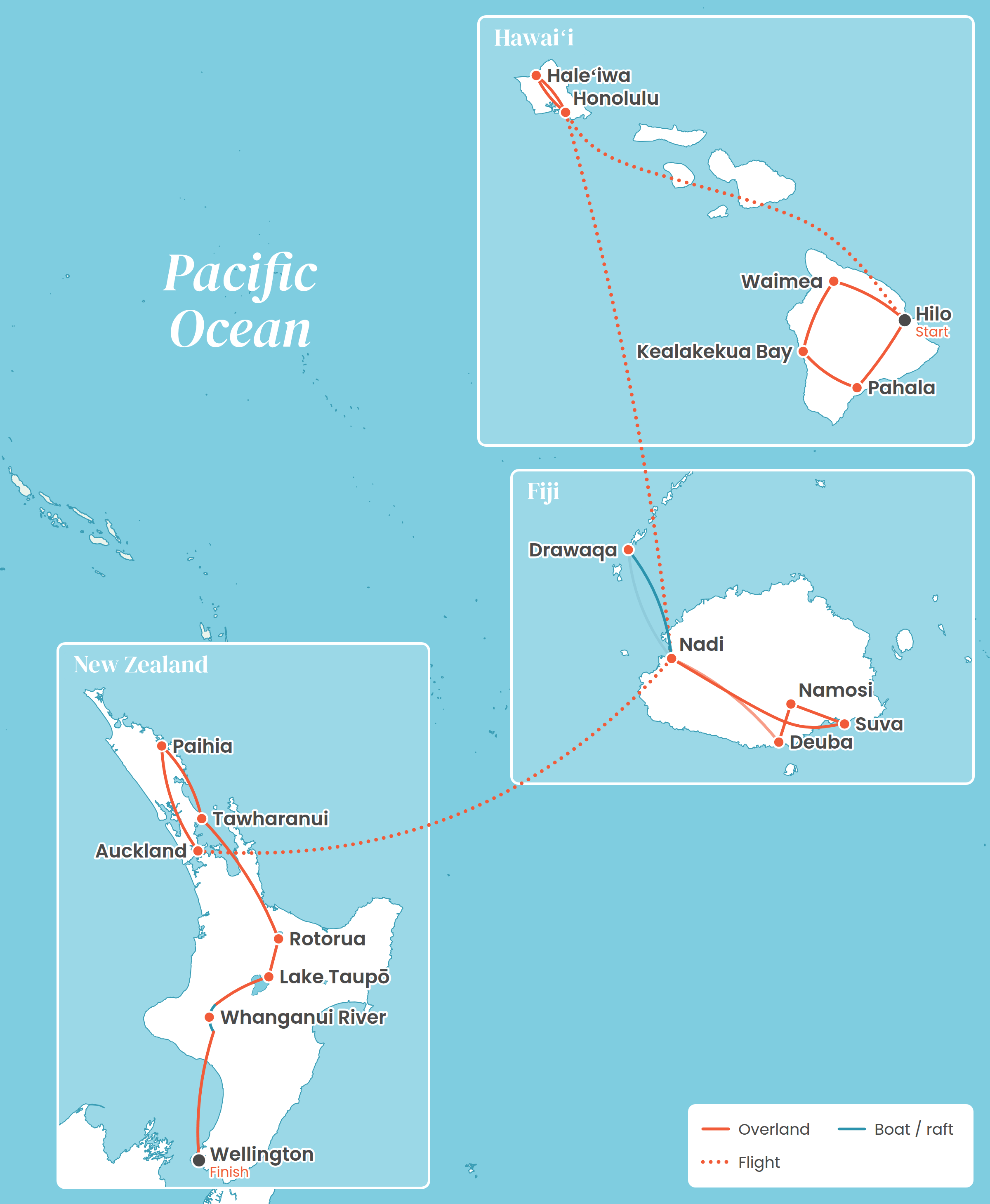 Route map from Hilo and Oʻahu in Hawaiʻi to Fiji, then Auckland to Wellington