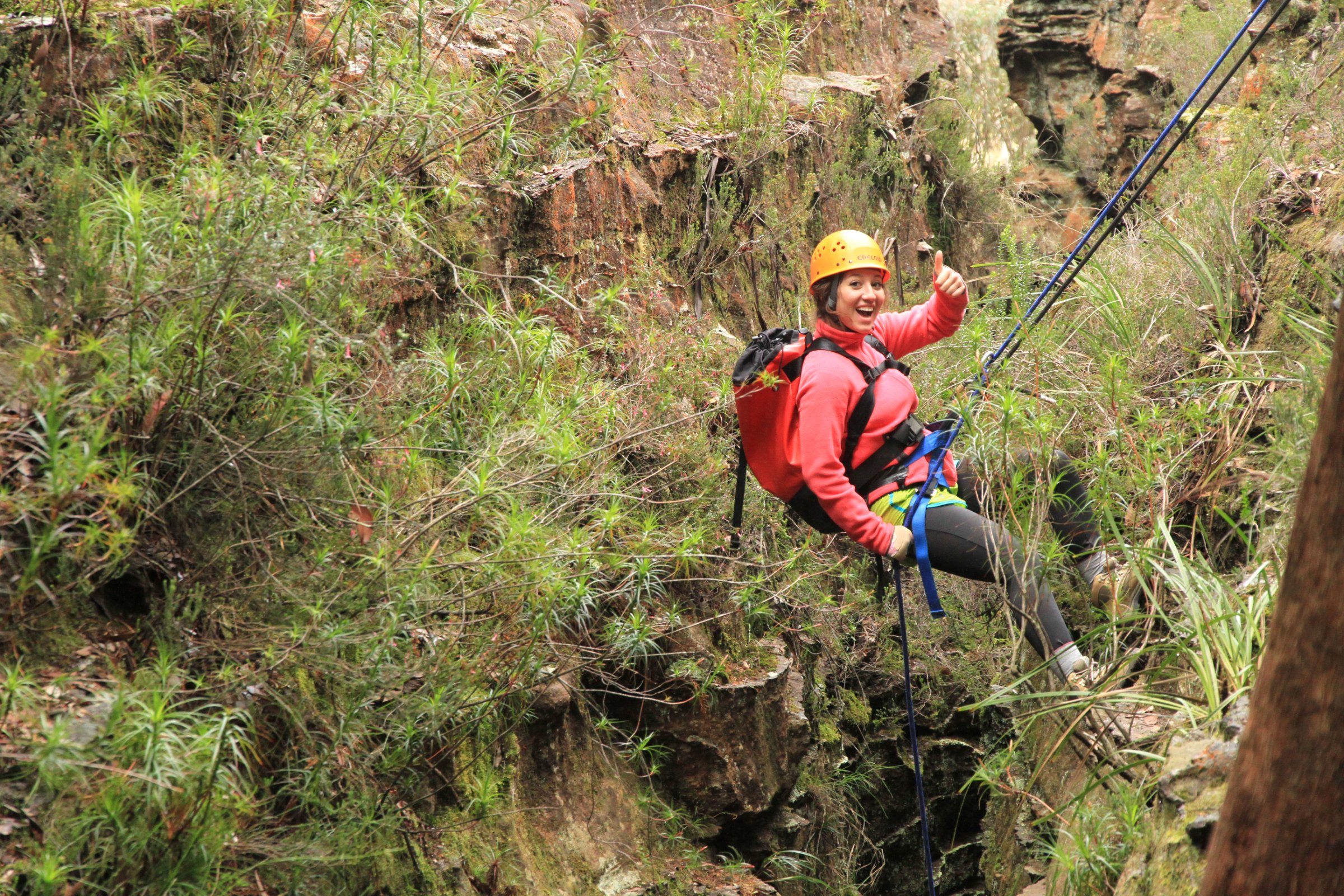 Student in a helmet abseiling down a rock face covered in ferns