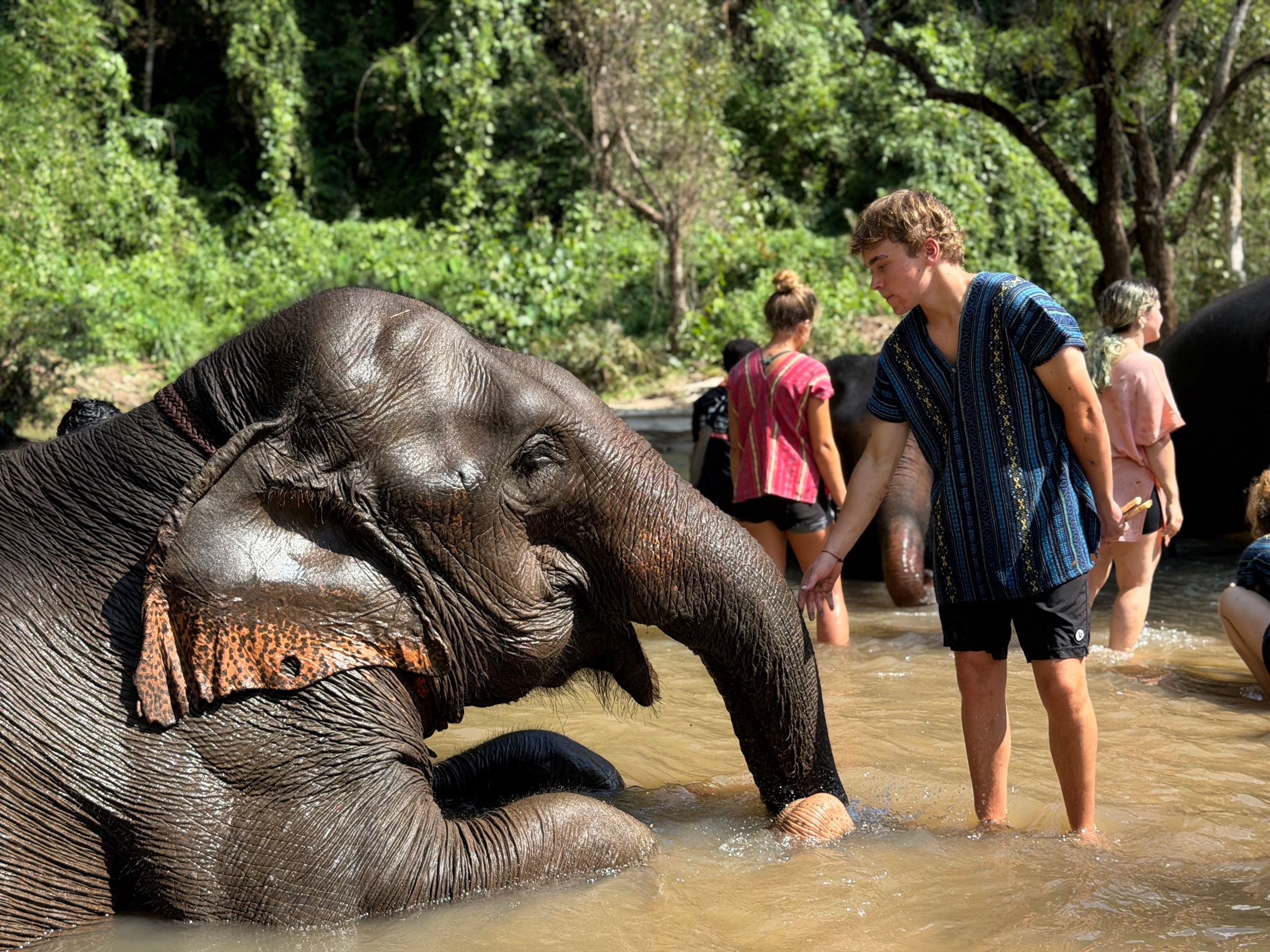 Smiling student standing beside an elephant