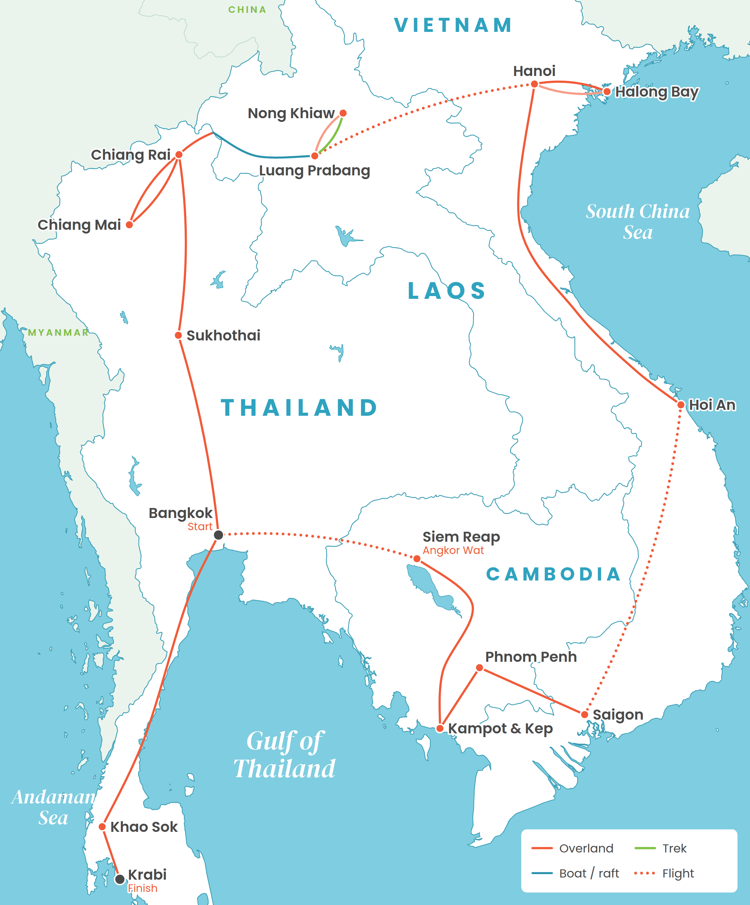 Route map from Bangkok through northern Thailand, Laos, Vietnam and Cambodia back to Krabi