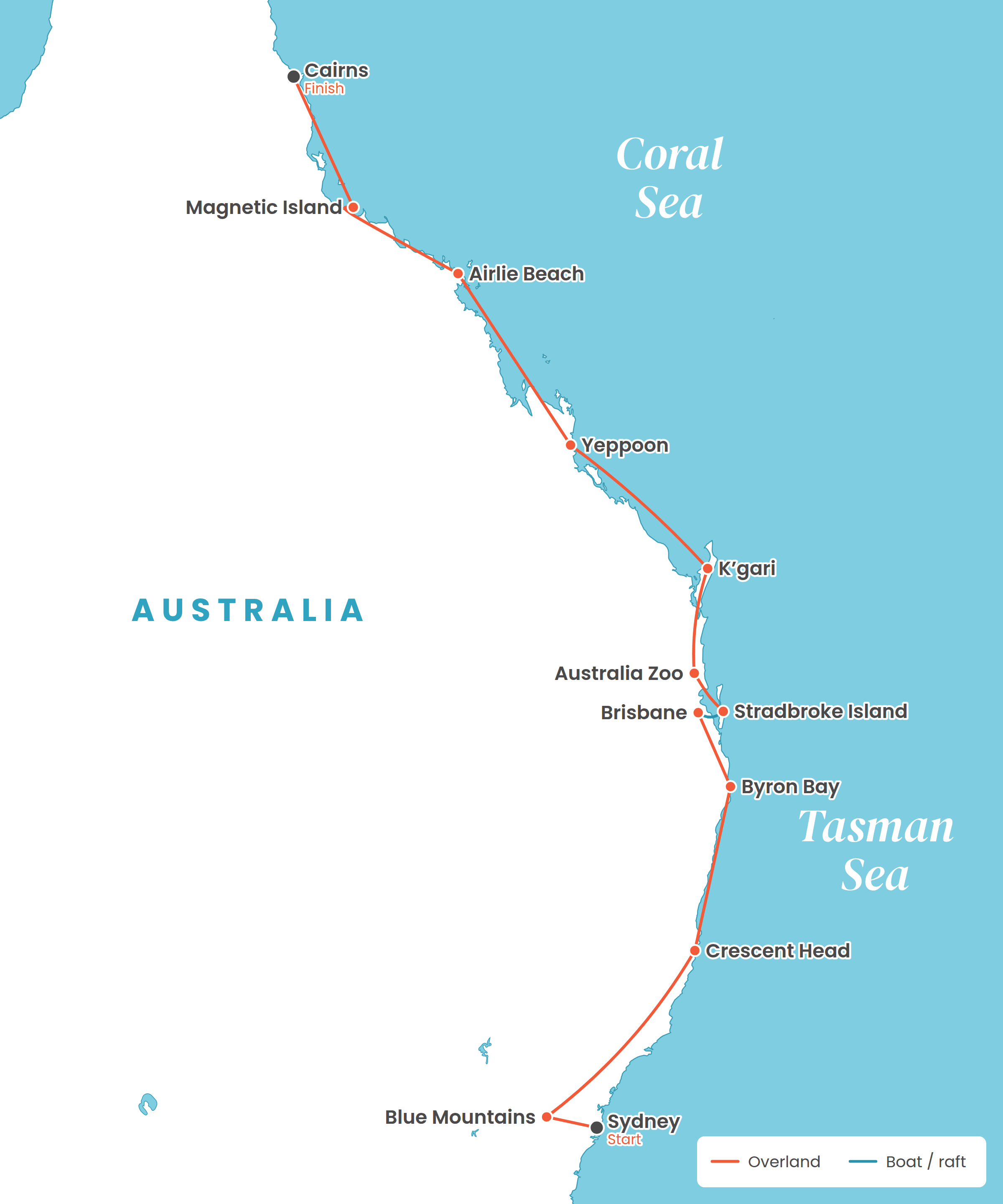Route map from Sydney north along Australia’s east coast to Cairns