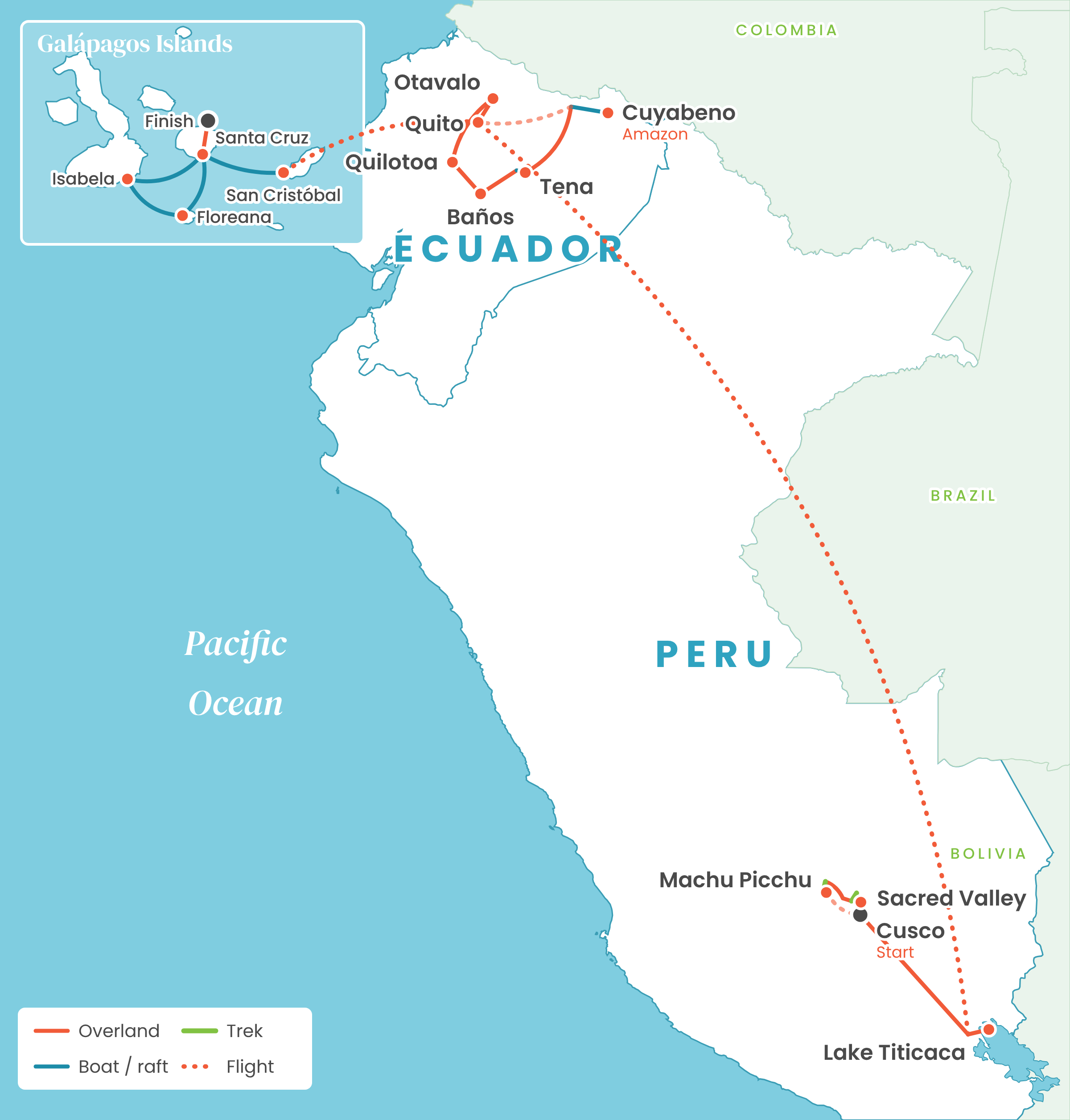 Route map from Cusco, Peru to Baltra, Ecuador